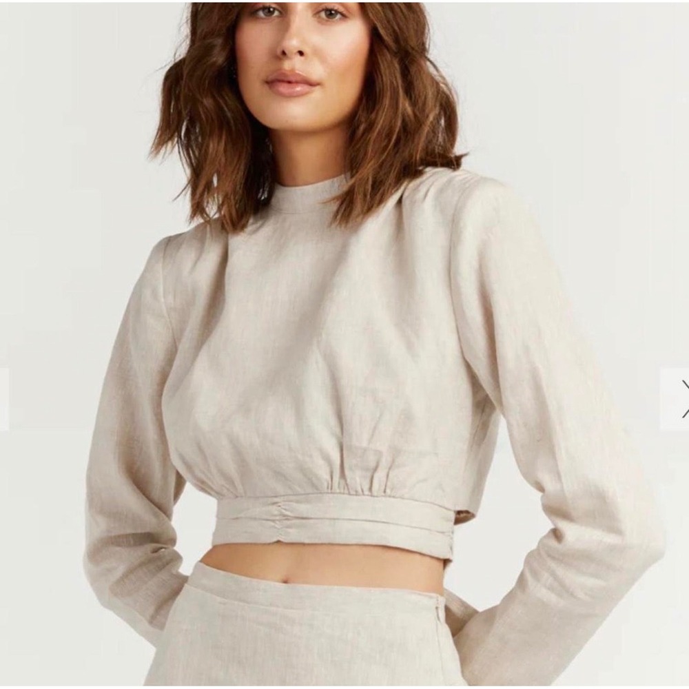 Dissh Lipa Natural Linen Sleeved Cropped Top Size 8 Minimalist Contemporary
